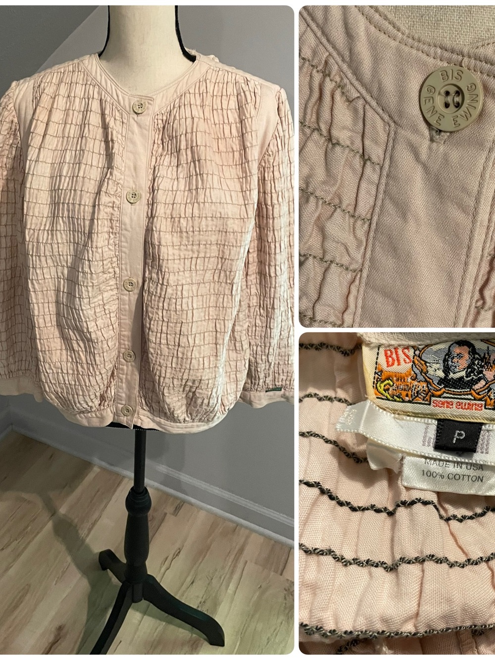 BIS Gene Ewing Smocked Denim Jacket P/S-M Beige Lagenlook Oversized USA Vintage